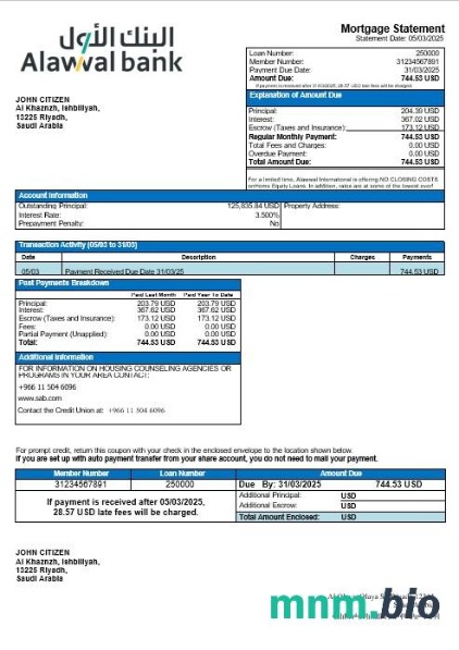 Arabia Saudyjska Alawwal Bank wyciąg z kredytu hipotecznego w formatach Word i PDF